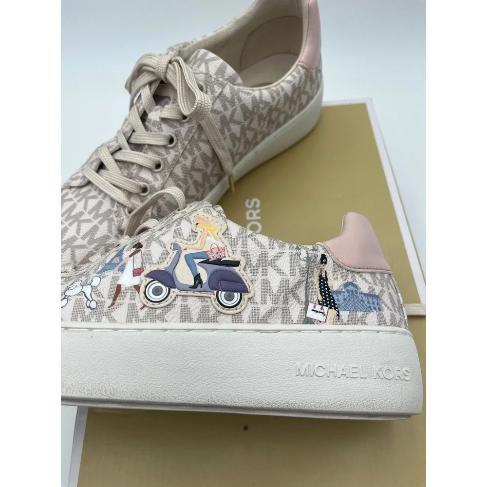 Michael Kors Poppy Lace Up Paris Girl Print Sneakers Vanilla Multi 49S2POFS2B 8M